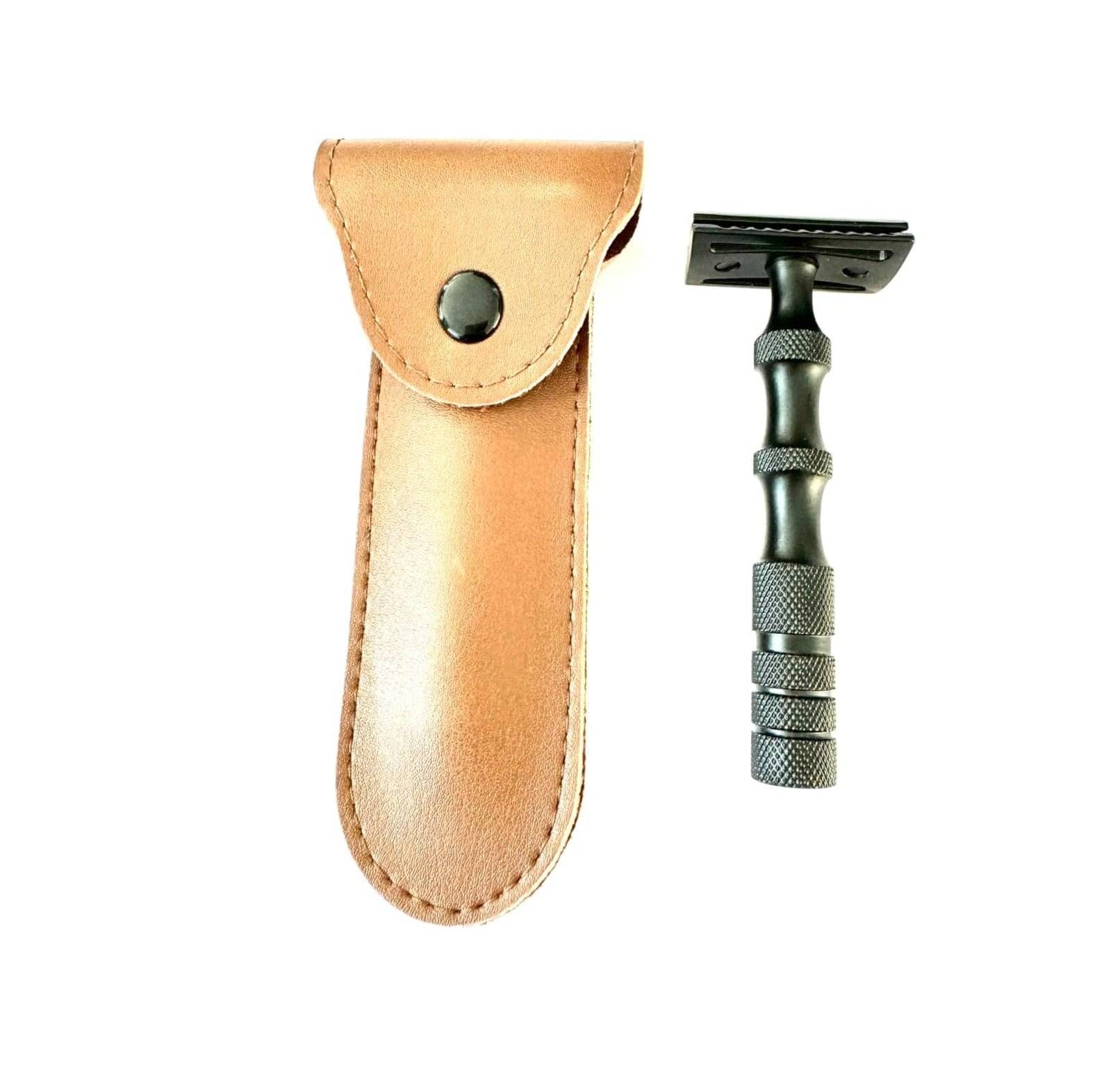 Black handle safety razor with brown leather case