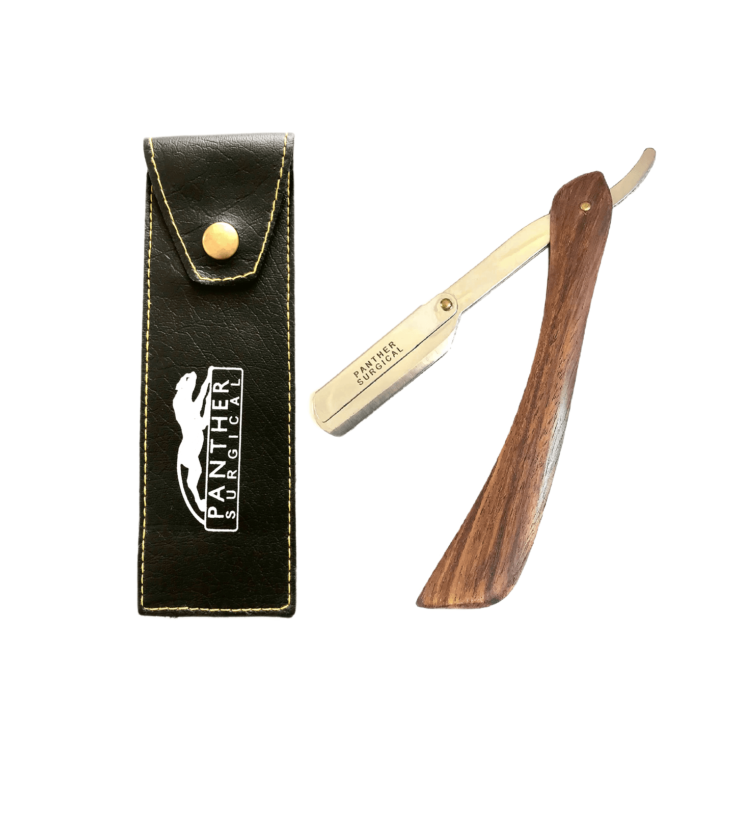 Wood handle straight edge razor with leather case