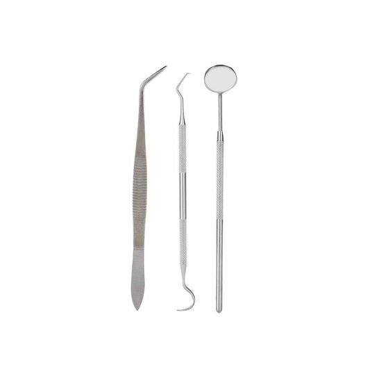 Stainless steel dental tools set with mirror, probe, tweezers