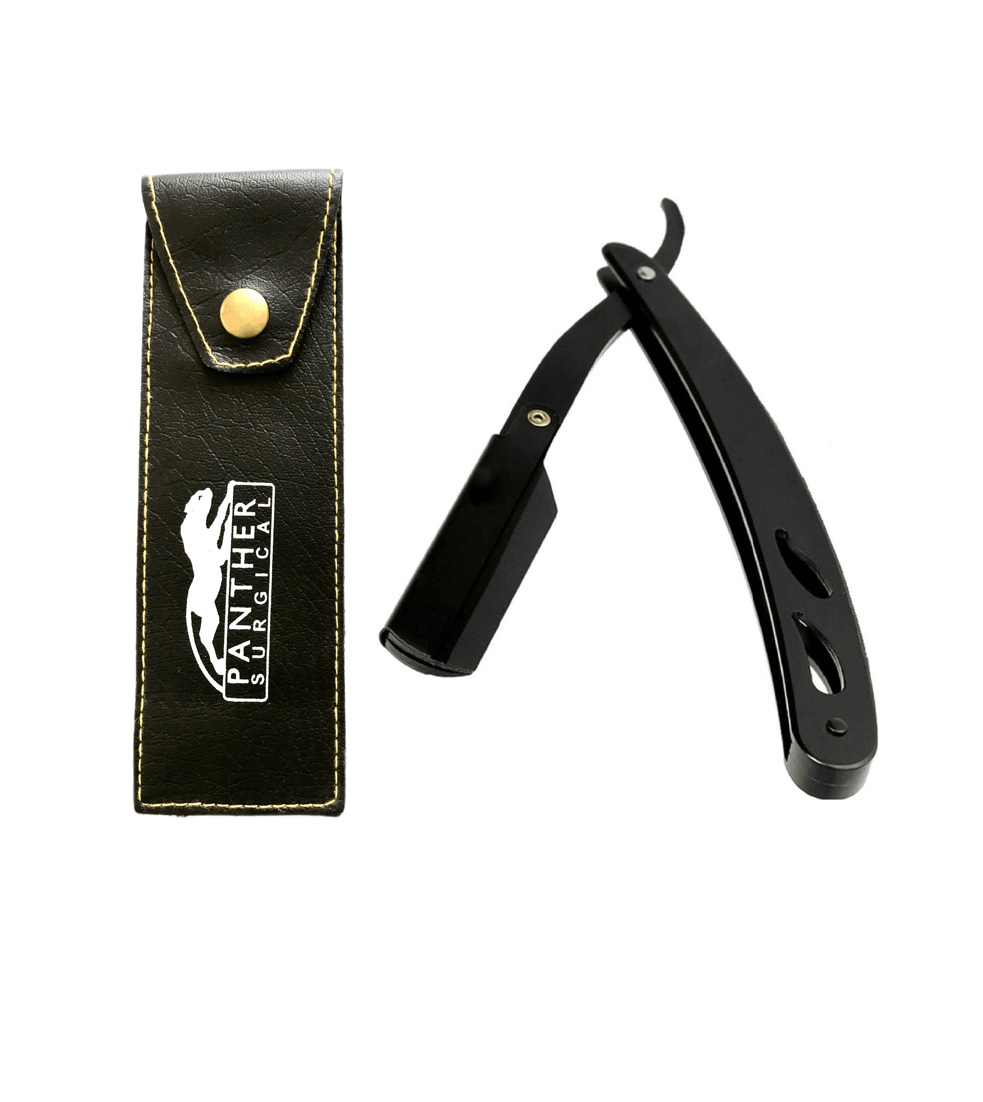 Black handle straight edge razor with leather case