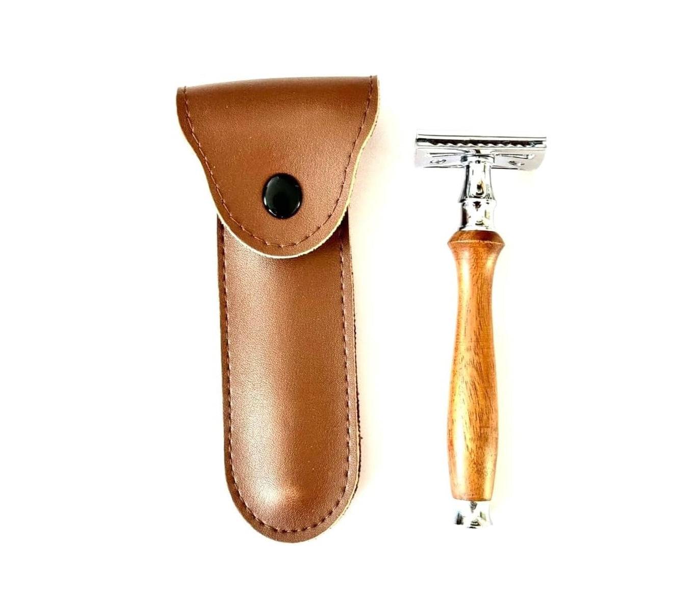 Wooden handle safety razor with leather case