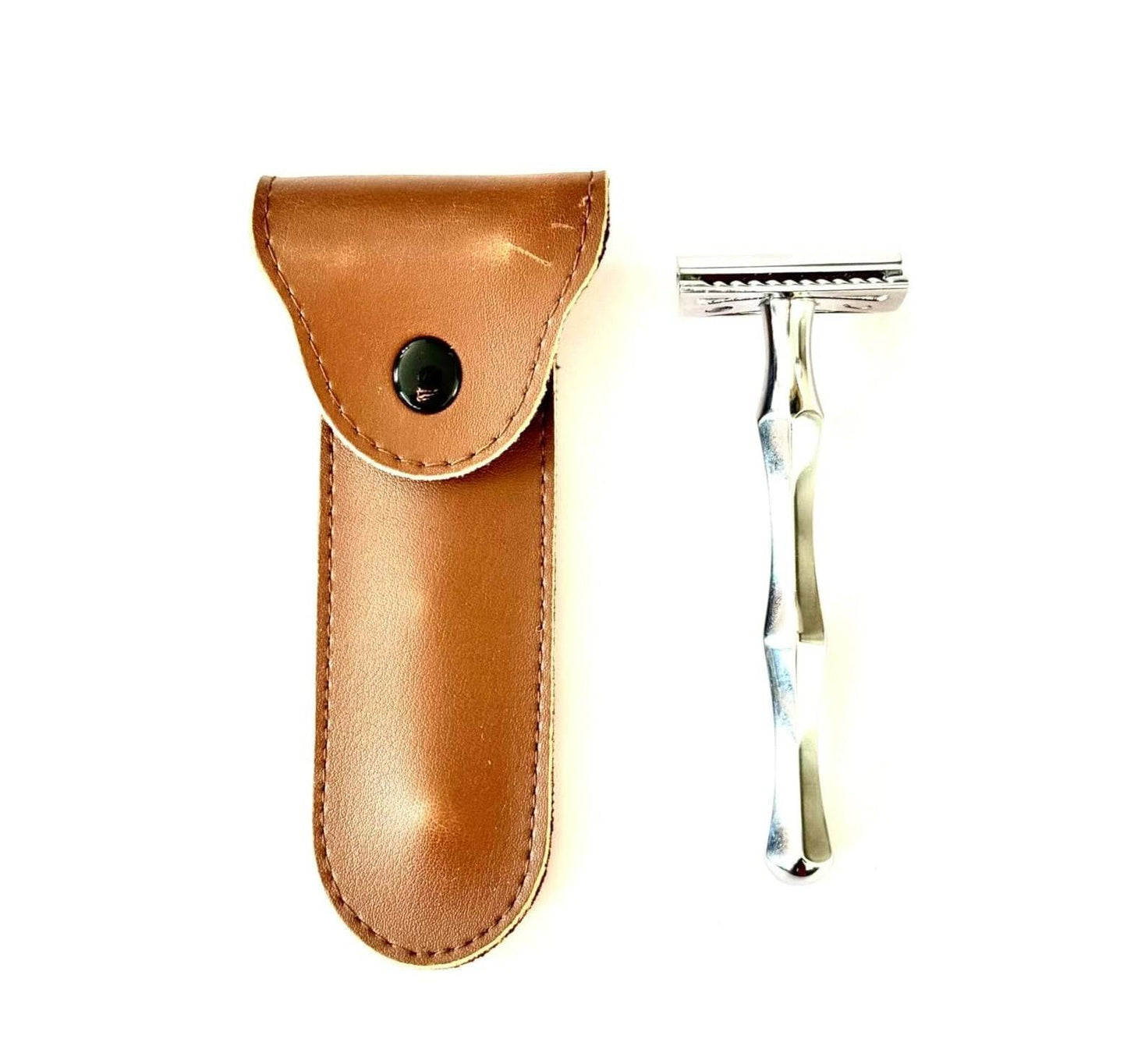 Silver handle safety razor with leather case