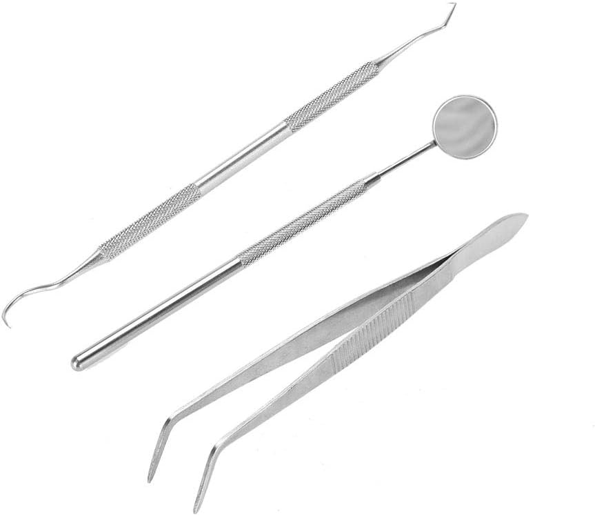 Three-piece dental hygiene kit with mirror, probe, tweezers