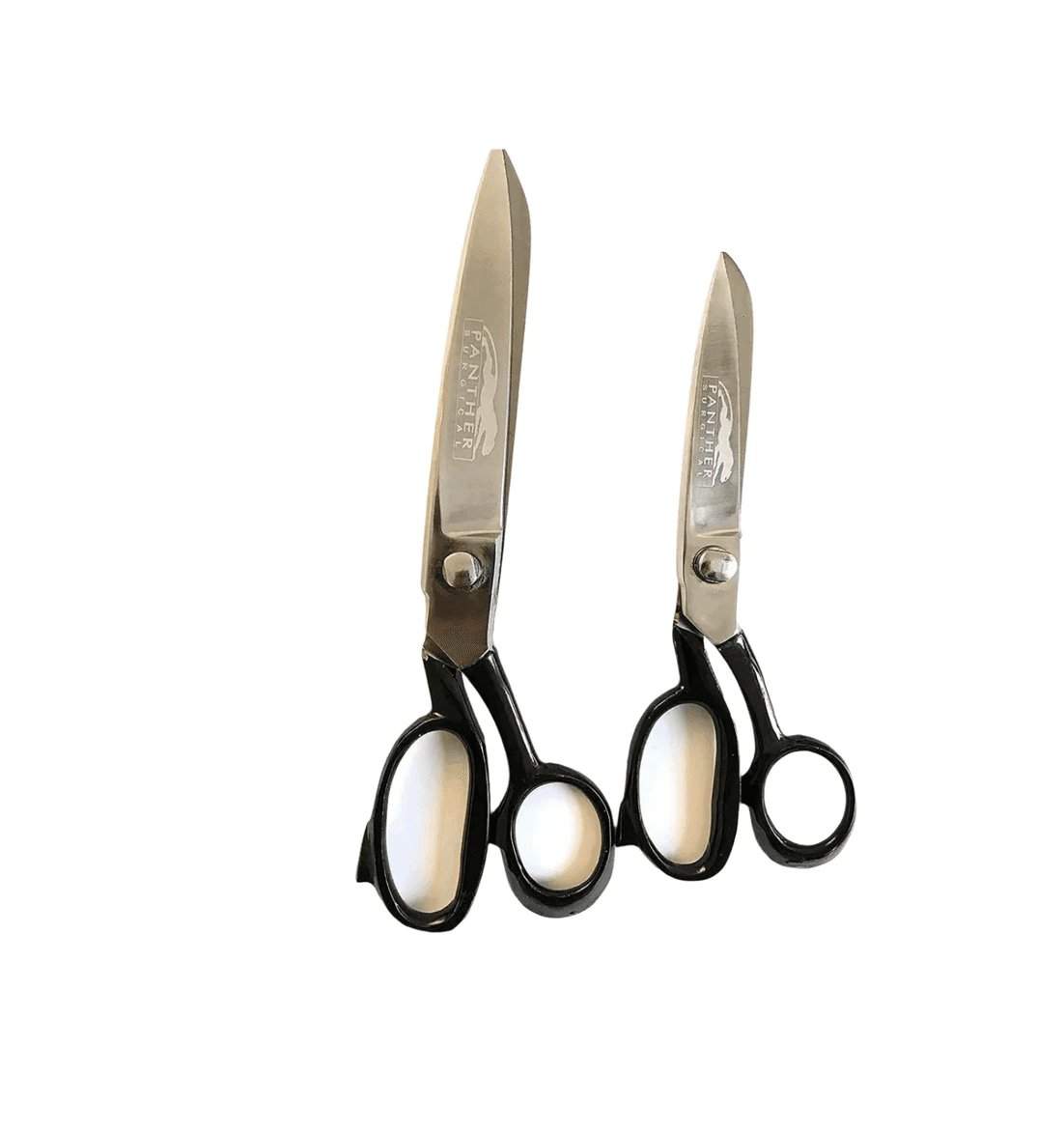 Pair of stainless steel dressmaking scissors with black handles