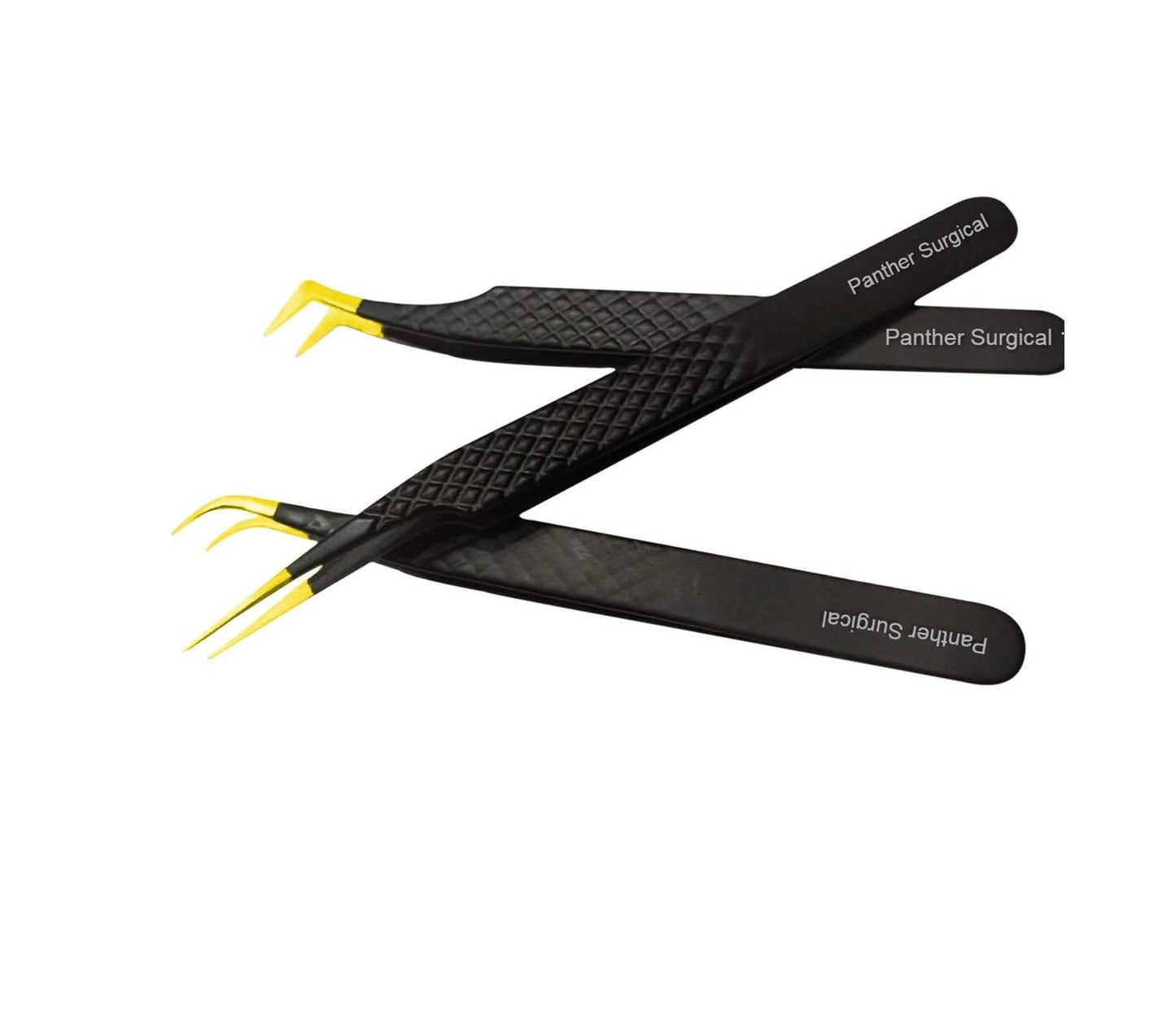 Angled and straight eyelash tweezers in gold and black