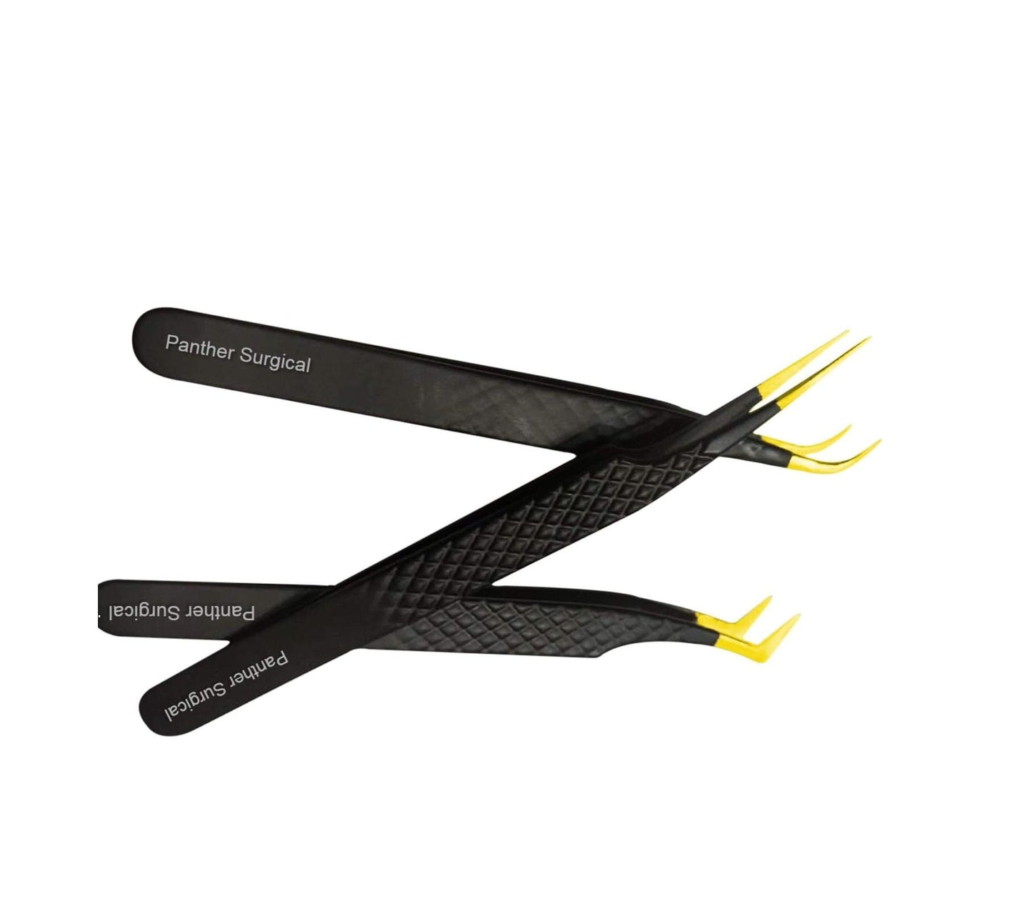 Curved and angled eyelash tweezers in gold and black