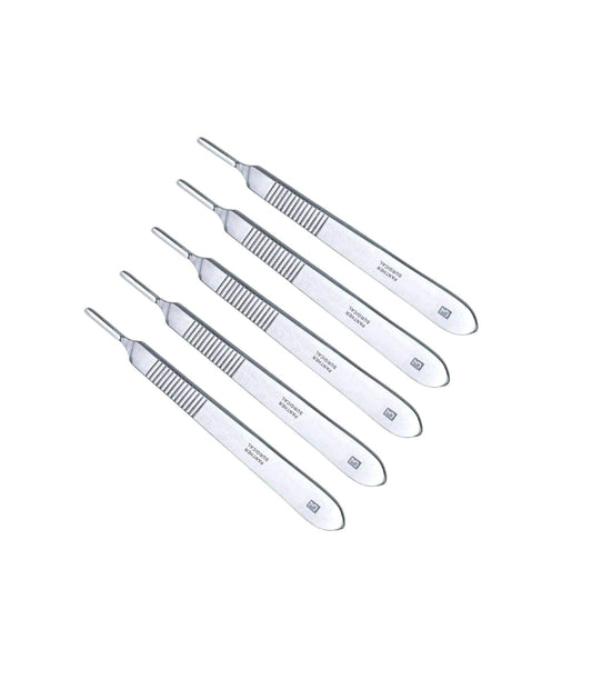 Set of 5 stainless steel scalpel handles for precision cutting.