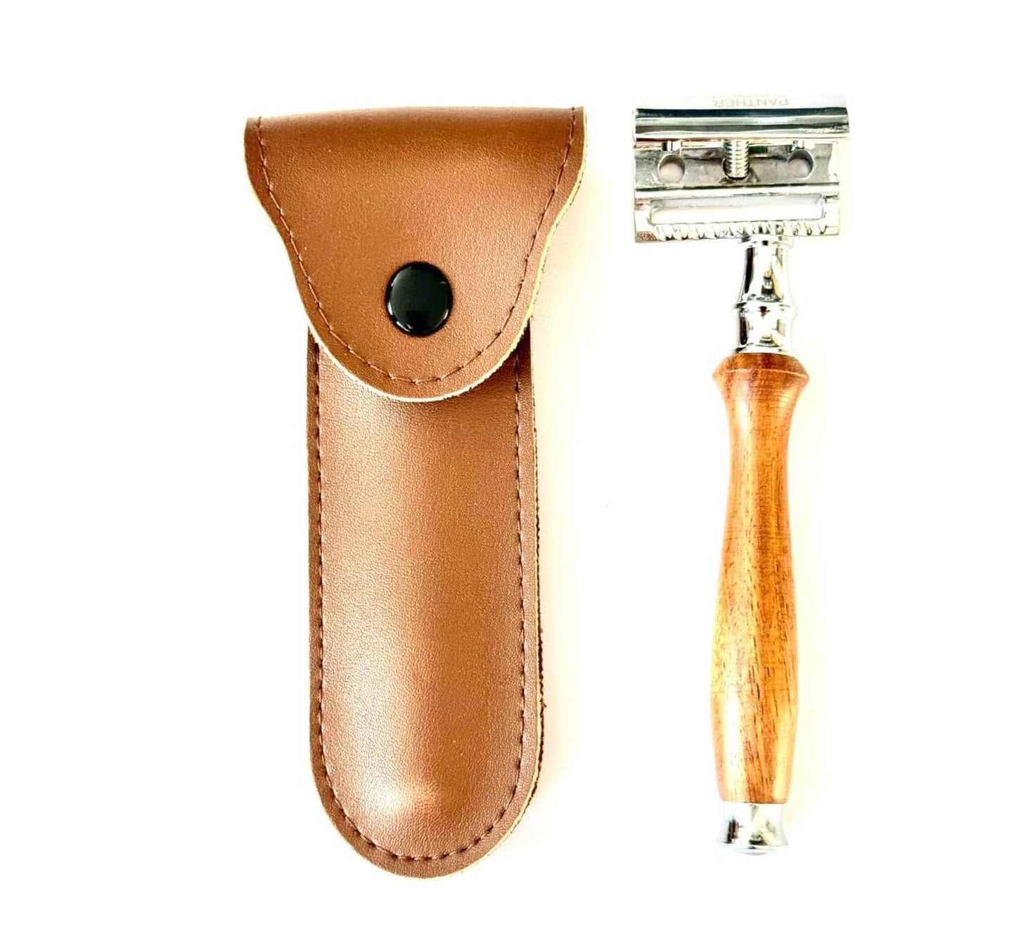 Wooden handle safety razor with open leather case