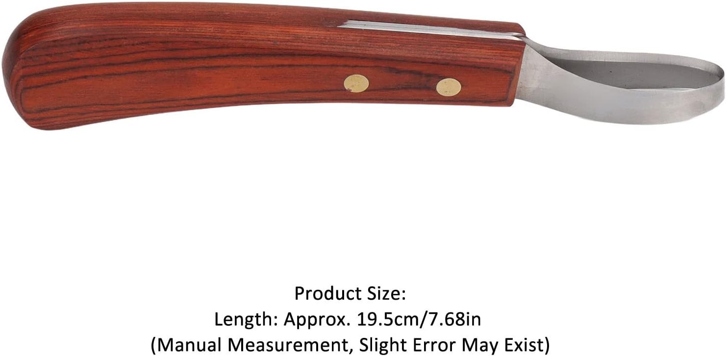 Hoof knife dimensions, 19.5cm length, precision trimming tool.