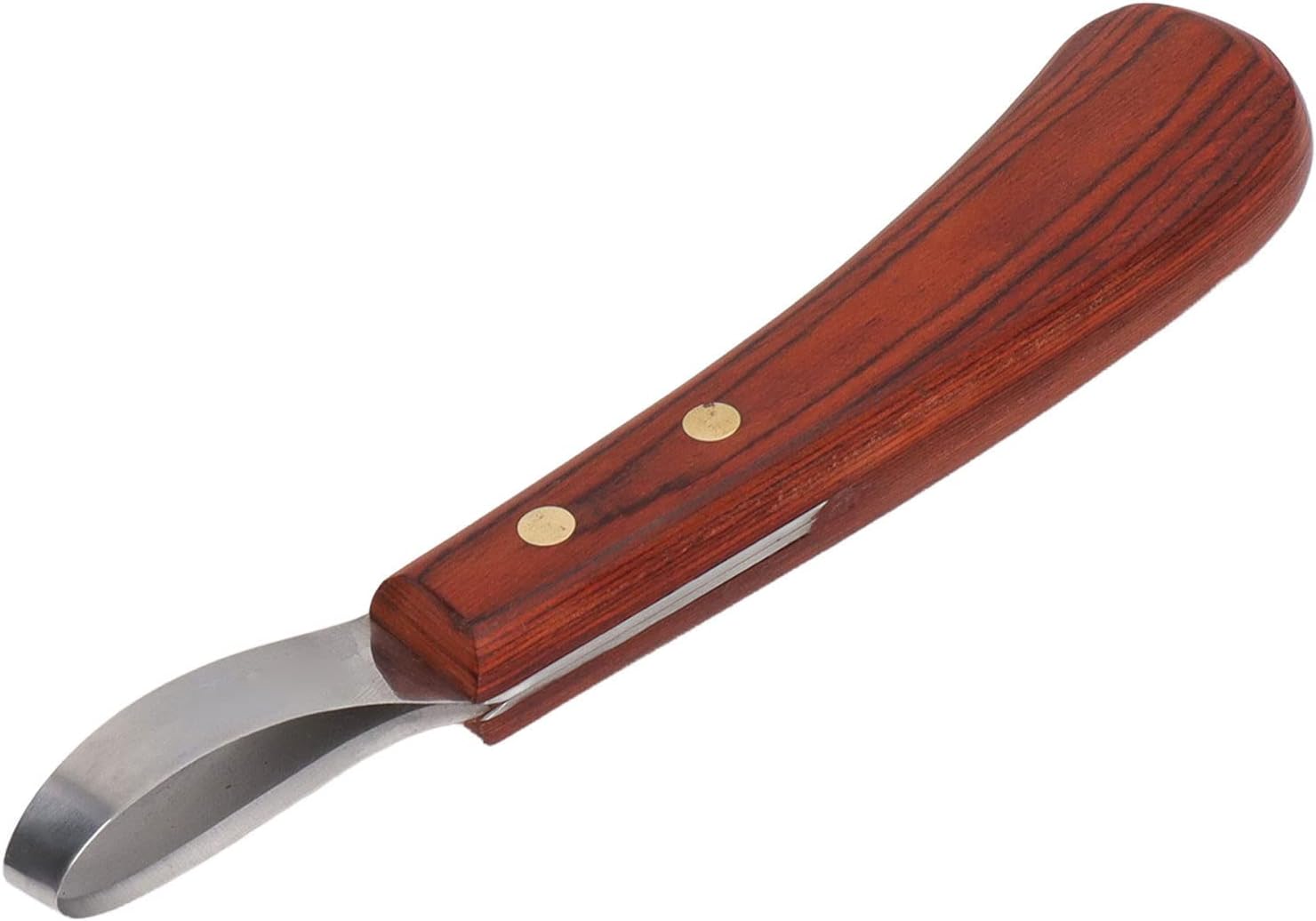 Close-up of hoof trimming knife, ergonomic wooden handle design.