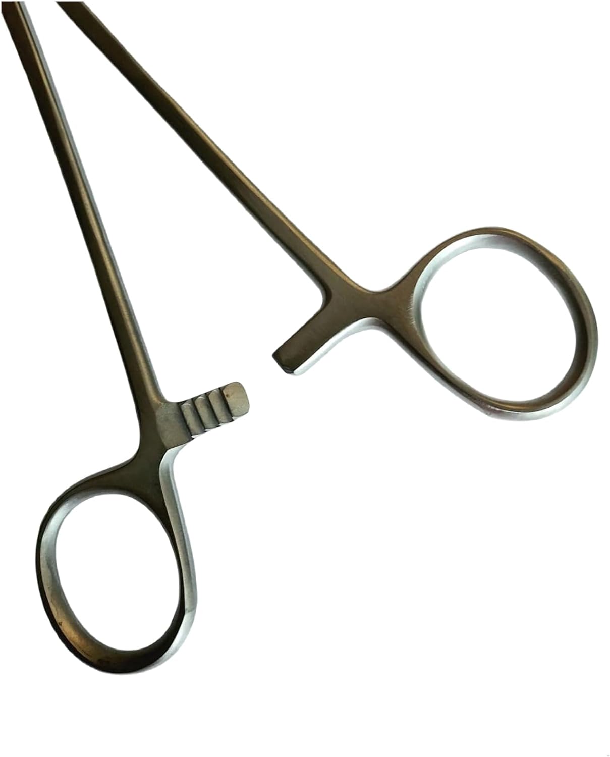 Close-up of stainless steel fishing forceps handles