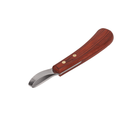 Double-edged hoof knife with wooden handle, equine grooming tool.