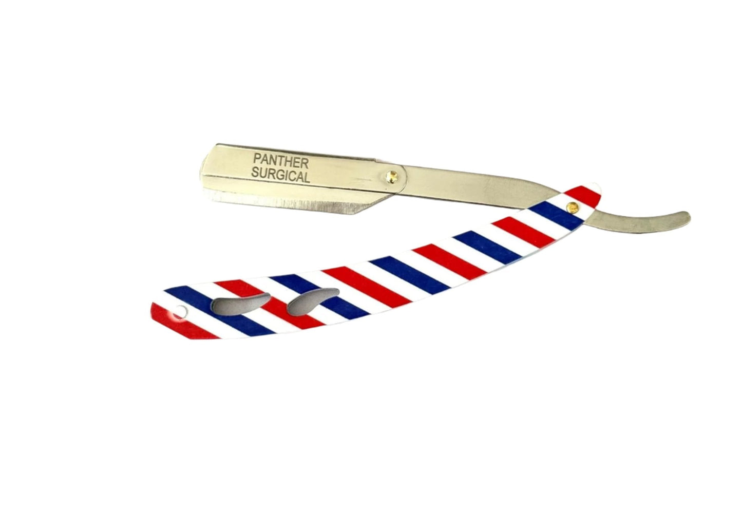 Close-up of razor with red, white, blue handle