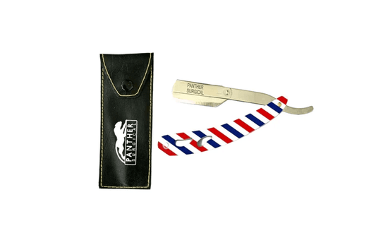 Straight edge razor with striped handle and leather case