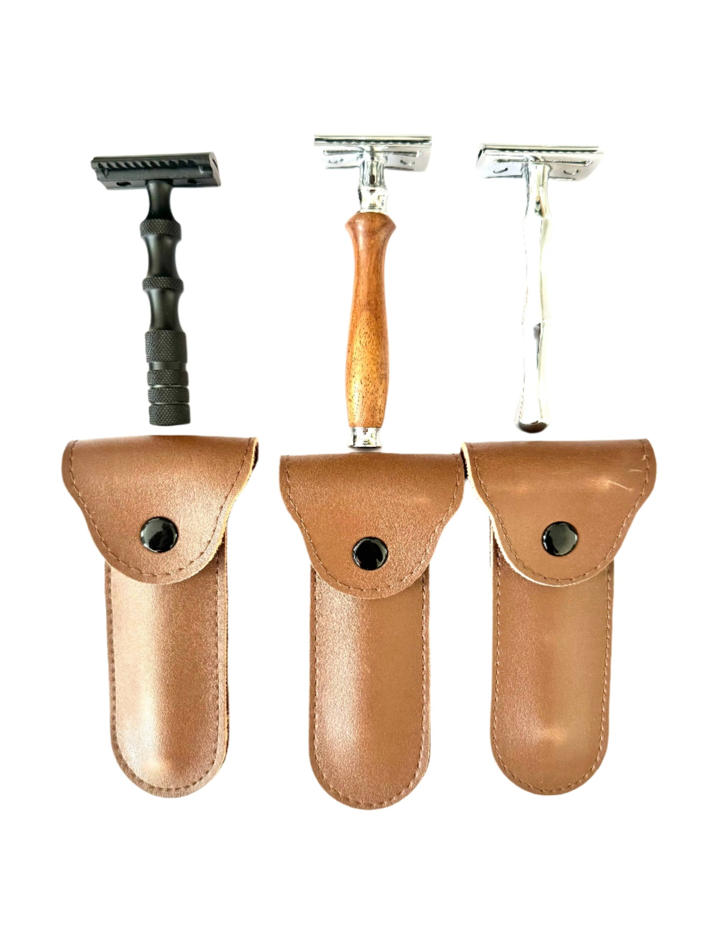 Set of three eco-friendly safety razors with leather cases