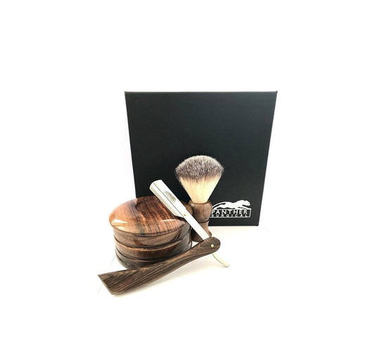 Classic shaving kit with razor, brush, and wooden bowl