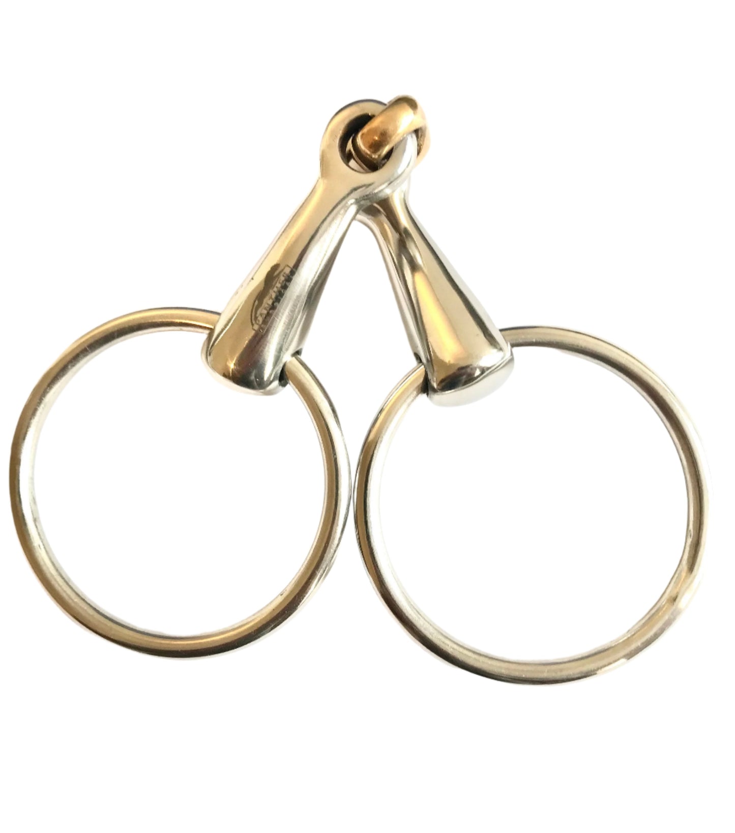 Close-up of stainless steel snaffle bit, equestrian tack