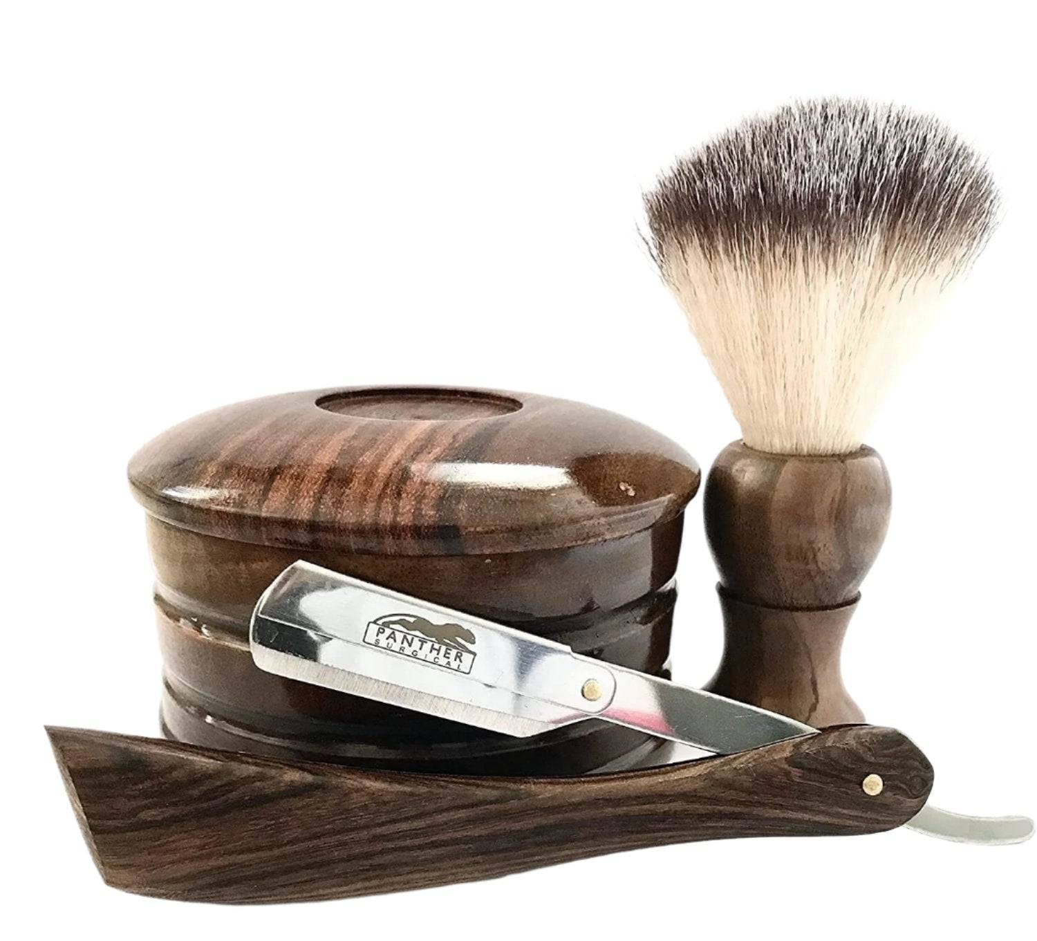 Shaving brush, wooden bowl, and cut throat razor set