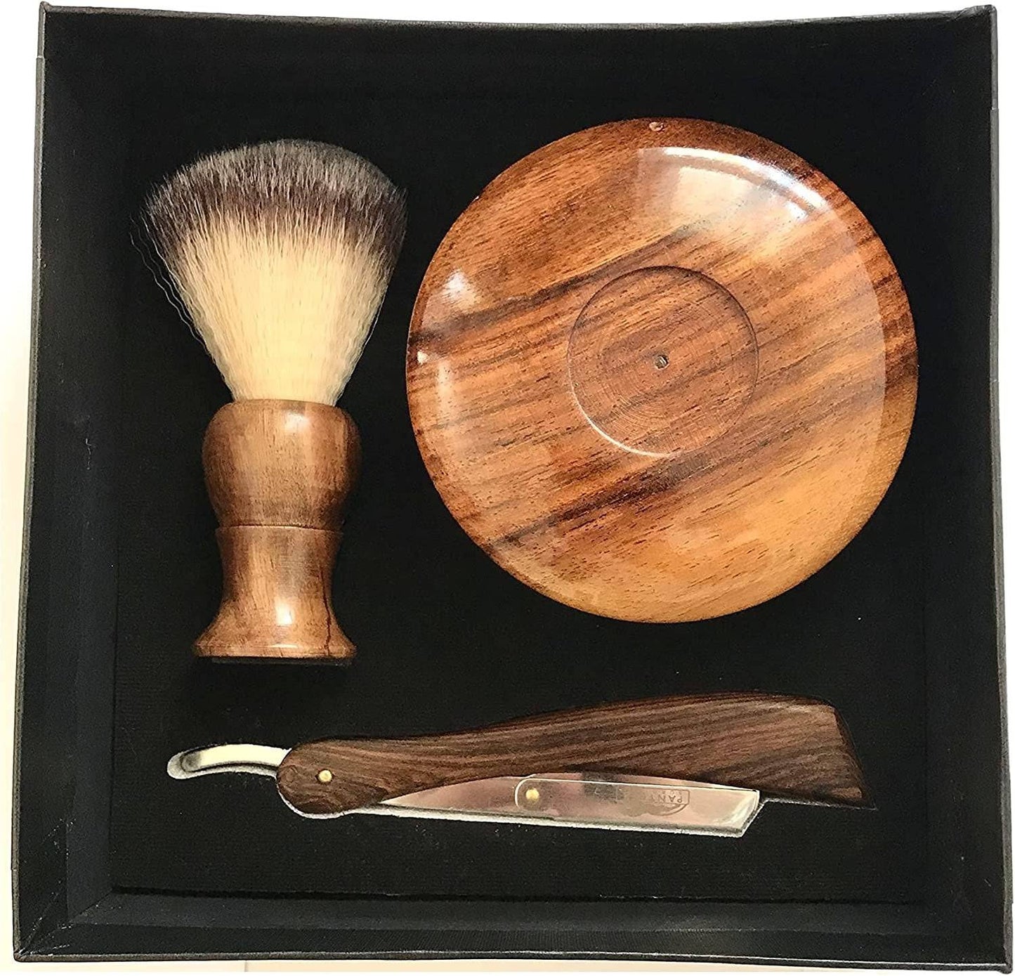 Shaving kit in box with brush, bowl, and razor