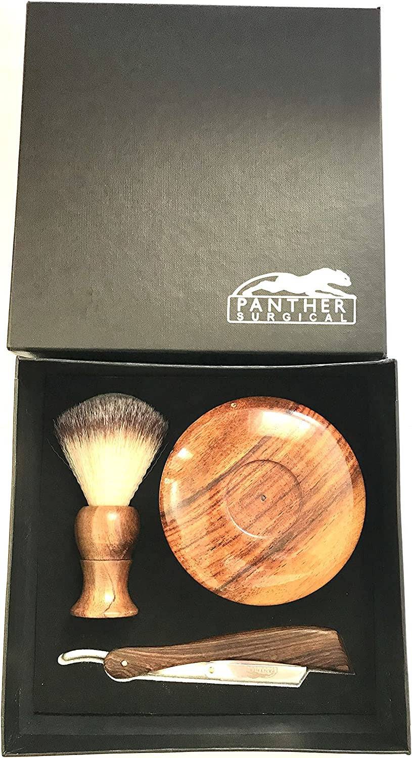 Boxed shaving set with brush, bowl, and razor