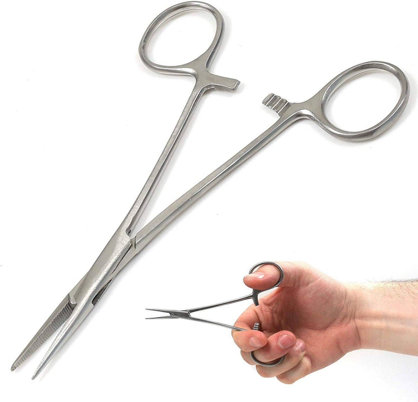 Close-up of straight stainless steel fishing forceps