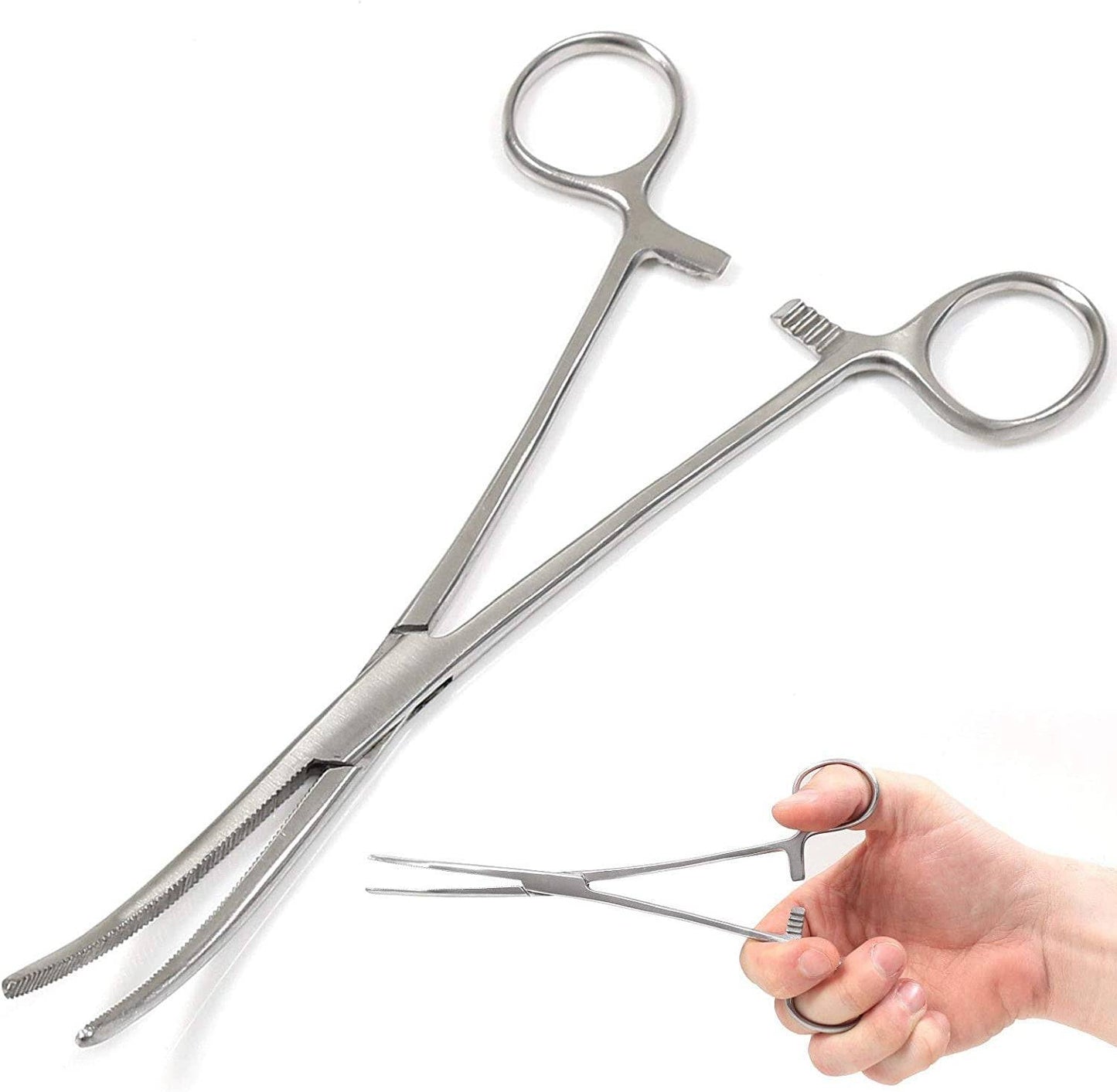 Curved stainless steel fishing forceps held in hand