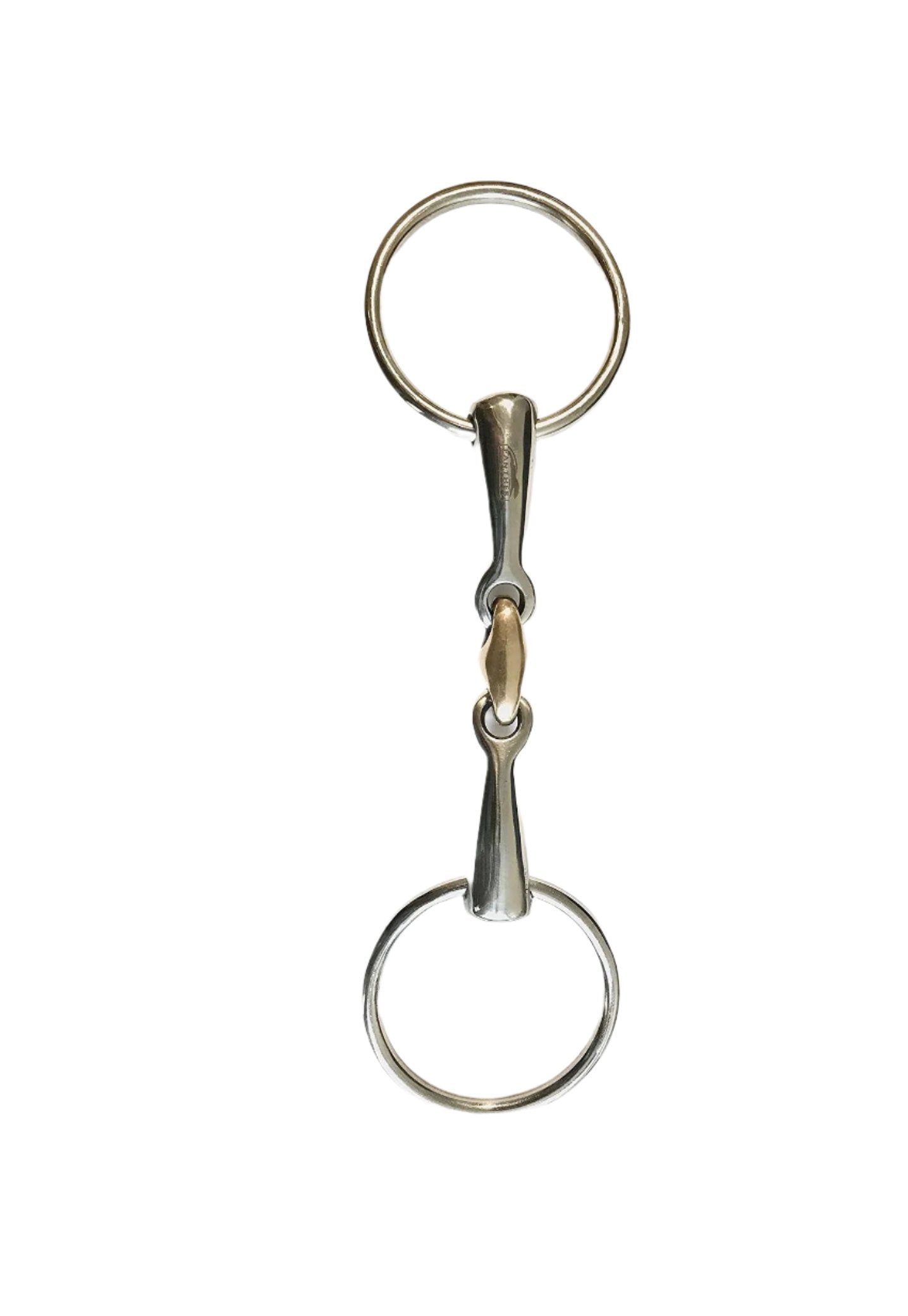 Vertical view of horse riding snaffle bit, stainless steel