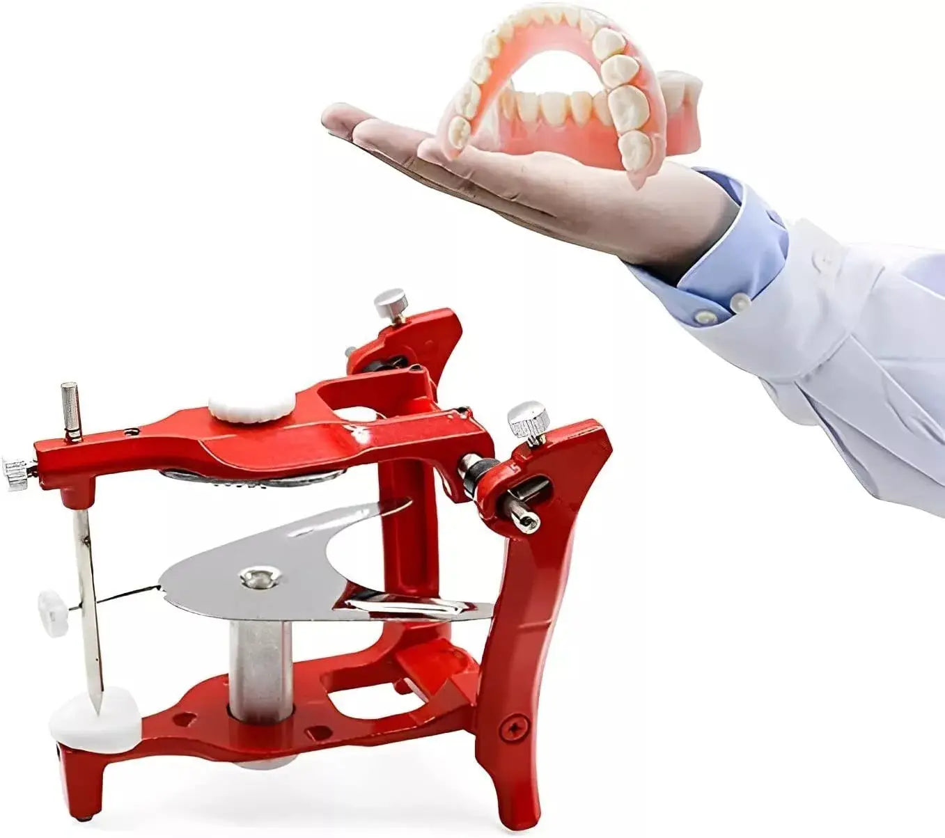 Dental articulator with dentures in hand for lab use